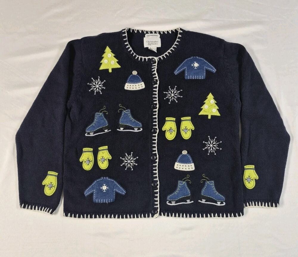 Christopher & Banks Cardigan Christmas Party Winter Sweater Sz M Navy Blue Green